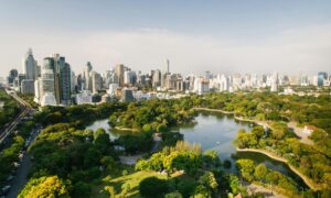 Park in Thailand with pond in the middle